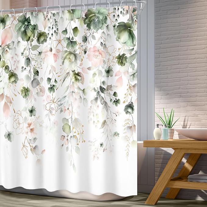Summer Green Pink Floral Spring Eucalyptus Bathroom Shower Curtain Set | 60"W x 72"L Flower Leaves look, waterproof HD printed shower curtain, quick-dry fabric and free hooks.
