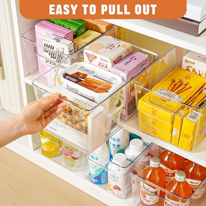Freebat 12 Pack Pantry Organization and Storage,Clear Plastic Storage Bins | Large, Cabinet Organizer, Clear Plastic Storage Containers with Handle,Acrylic Storage Bins for Cabinet, Fridge
