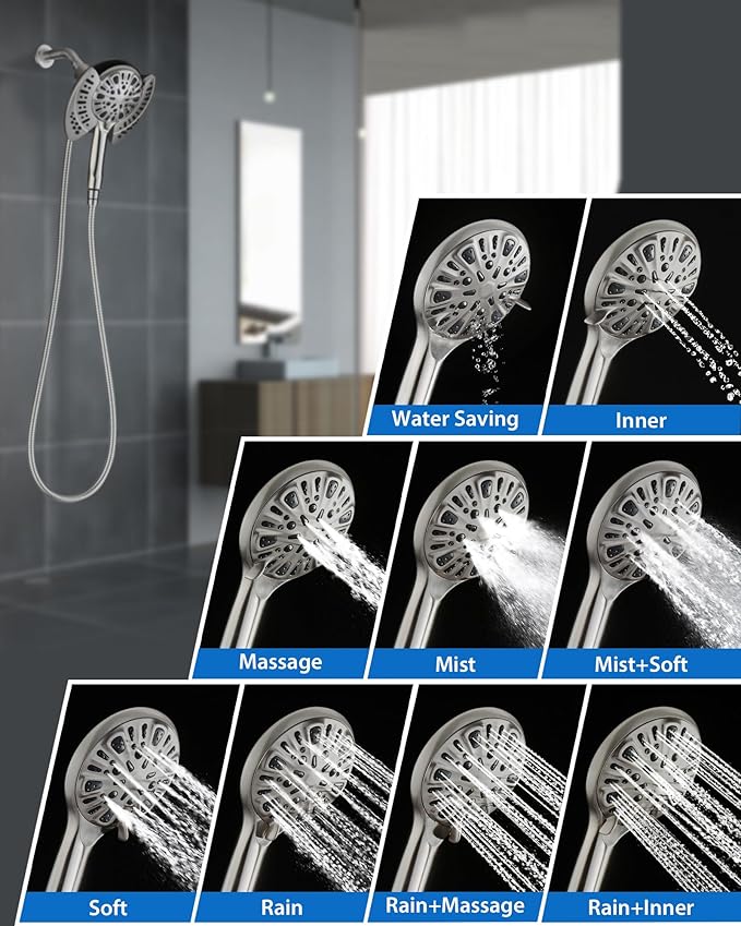 2 in 1 Shower Head with Handheld Combo High Pressure Nickel 2.5 GPM | 7.2" Rain Showerhead and 9 Spray Hand Held Shower, Adjustable Shower Angle, 59-inch Rotatable Stainless Steel Hose