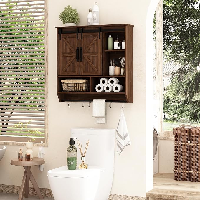 RUSTOWN Farmhouse Bathroom Wall Storage Cabinet with Sliding Barn Doors | 3-Tier, Rustic Wood Wall Mounted Cabinets, Vintage Medicine Cabinet, Adjustable Shelves, Over The Toilet Storage Cabinet