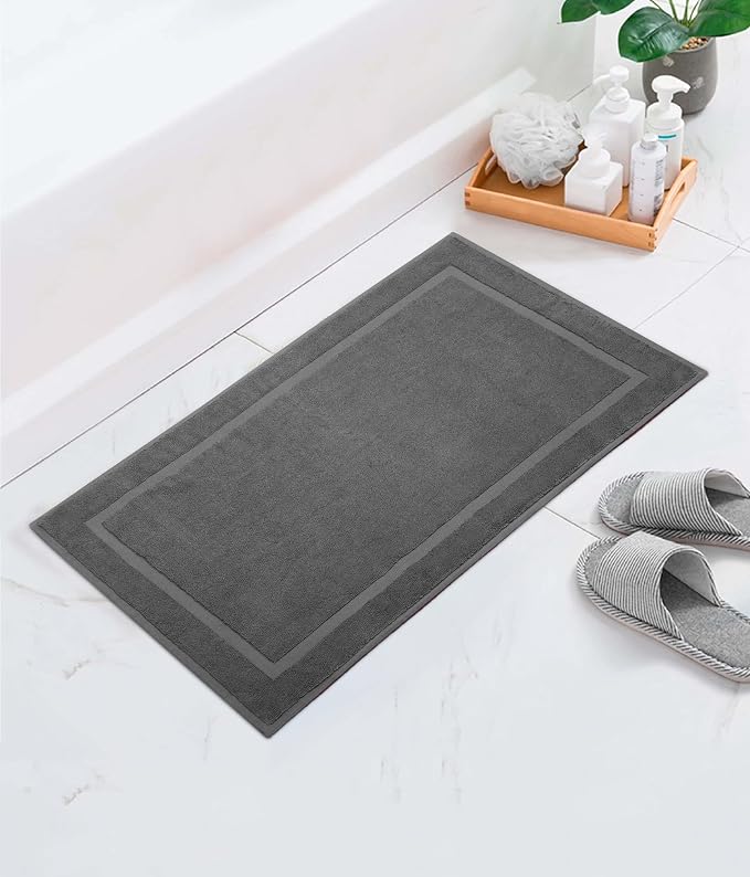 COTTON CRAFT Bath Mats - 2 Pack Tub Shower Floor Mat - 21x30- Charcoal Grey | Ultra Absorbent Plush 900 GSM Pure Cotton Banded Border Luxury Towel Rug - Not a Bathroom Rug