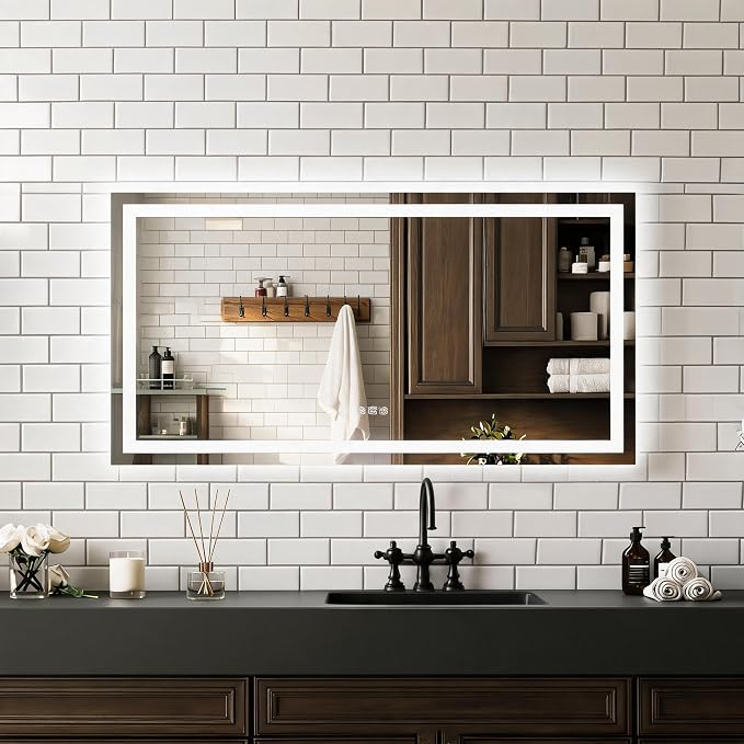 Large LED Bathroom Mirror 60x36 Inch - Frontlit & Backlit Frameless Wall Vanity Mirror with Stepless Dimming, Adjustable Color Temp, Anti-Fog Defogger, Smart Memory & 3X Suction Mirror, Sha
