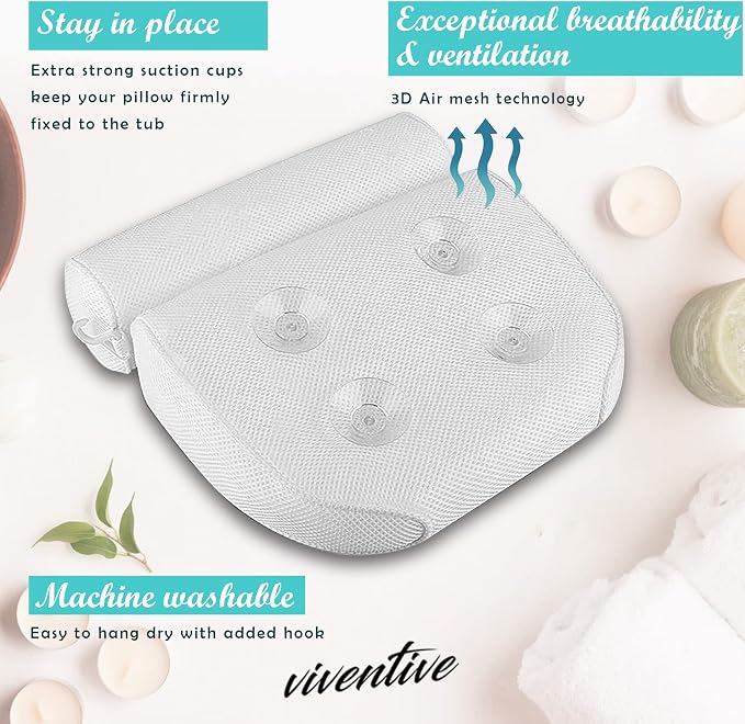 Luxury Bath Pillow for Tub - Non-Slip and Extra-Thick, Head, Neck, Shoulder and Back Support. Soft and Large Comfort Bathtub Pillow Cushion Headrest for Relaxation - Fits Any Tub Made of 3D Mesh