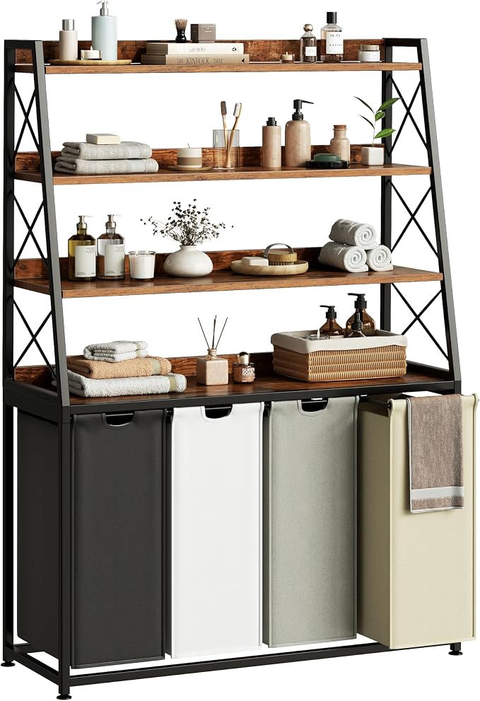 Herture Laundry Basket, 4 Section Laundry Hamper with 4 Tiers Shelf, Pull-Out and Removable Laundry Bags, Large 4 x 15.87 Gallons, for Laundry Room Bathroom Rustic Brown PF12XLN
