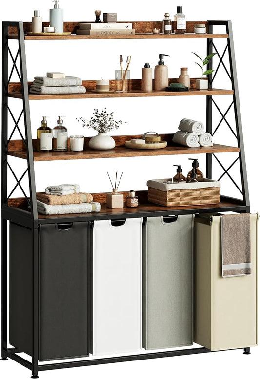 Herture Laundry Basket, 4 Section Laundry Hamper with 4 Tiers Shelf, Pull-Out and Removable Laundry Bags, Large 4 x 15.87 Gallons, for Laundry Room Bathroom Rustic Brown PF12XLN