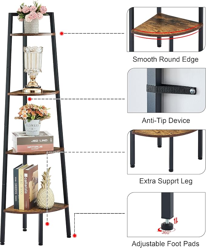 Hoctieon Corner Shelf, 4-Tier Corner Bookshelf, Rustic Ladder Shelf, Industrial Display Stand for Living Room, Kitchen, Home Office, Balcony, Small Space, Metal Frame, Rustic Brown