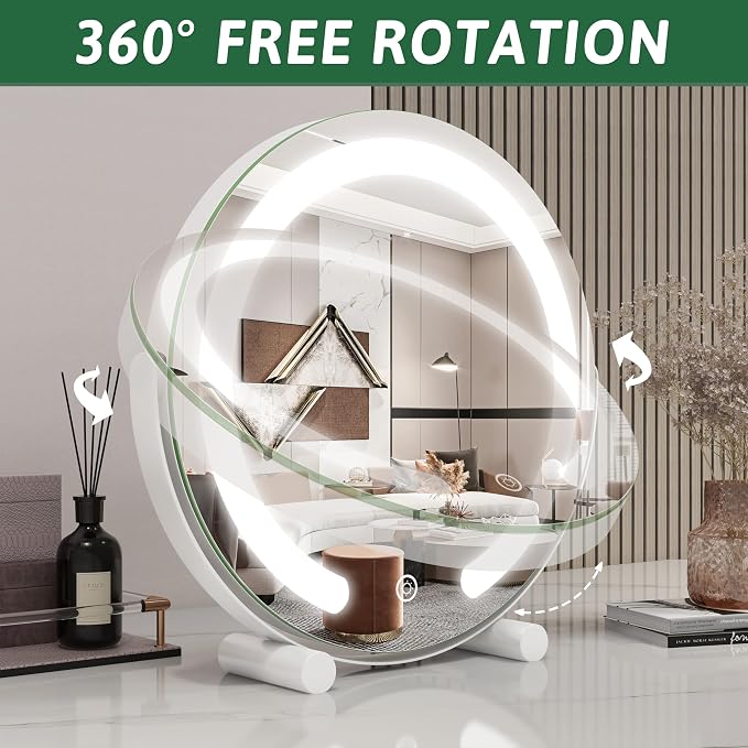 ROLOVE Vanity Mirror with Lights, 12 Inch Light Up Makeup Mirror, LED Makeup Mirror with Lights for Bedroom Tabletop, Smart Touch Control 3 Colors Dimmable, 360° Rotation, White | 3 Color Modes and Touch-Dimmable LED Ring Light, Corded Plug-in Mirror f...