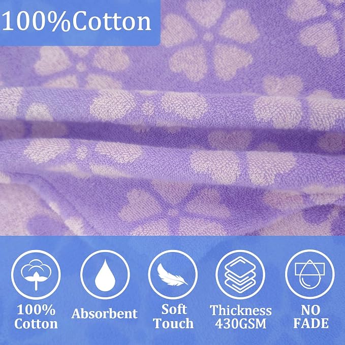 VOOVA & MOVAS Kids Hooded Towel, 3-6 Years, 100% Cotton, Purple Floral | Floral Jacquard Pattern, Quick Drying Texture, Strong Water Absorption, Suitable for Bath, Pool, Swim and Beach Trips