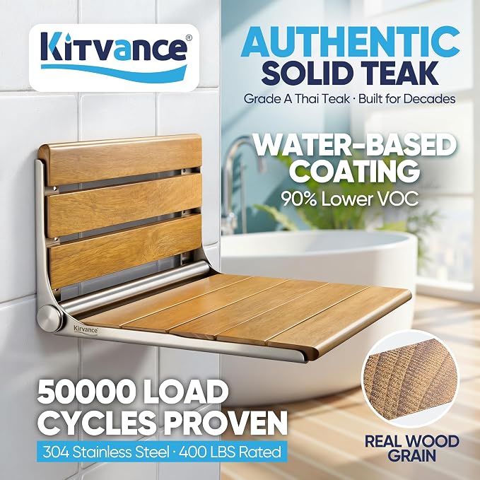 [Upgraded Version] 20" Folding Teak Shower Seat Wall Mounted- Shower Bench for Inside Shower, ADA Compliant Teak Shower Seat Wall Mounted Bench Bathroom Stool, Folding Bathtub Shower Seat for Elderly