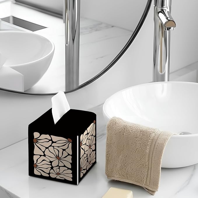 Modern Black Square Faux Leather Tissue Box Cover | Black Tissue Holder, Black Floral Accessories, for Bathroom, Car, Office Desk, 5.3x5.3x5.3