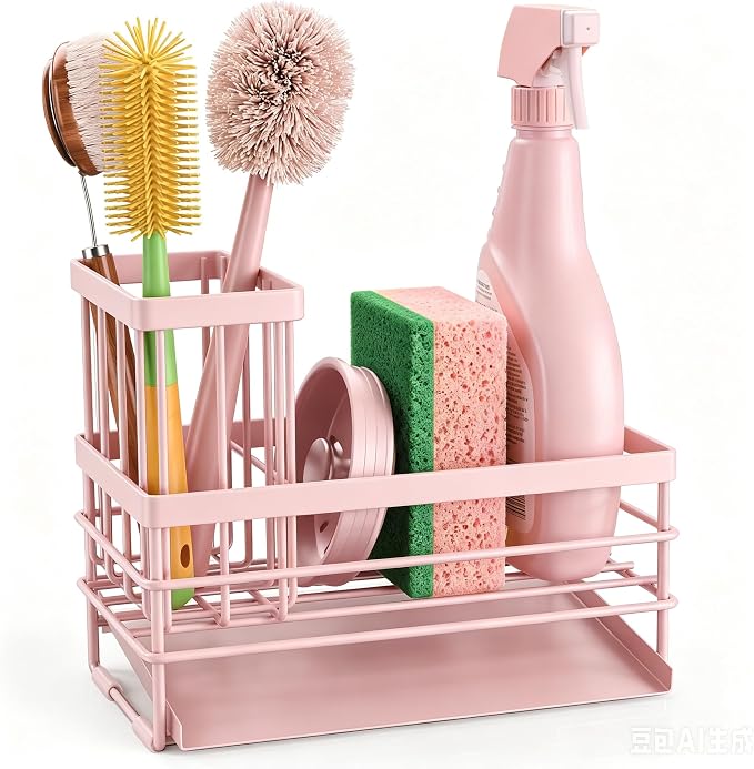 Cisily Pink Sink Caddy Sponge Holder for Kitchen with Brush Holder and Stainless Steel Self Drain Tray, Rustproof Kitchen Sink Organizer for Sponge, Soap Dispenser Storage Accessories