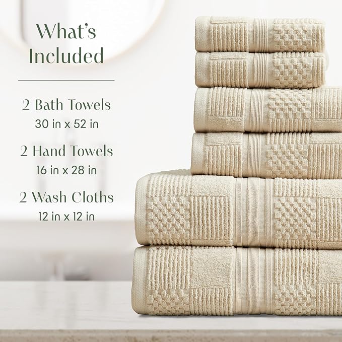100% Cotton Bath Towel Set | 6-Piece Set | Textured | Beige | Luxury Geometric Design | Absorbent & Quick-Dry Bathroom Towels | Textured and Durable Cotton Towels for Bathroom | OEKO-TEX