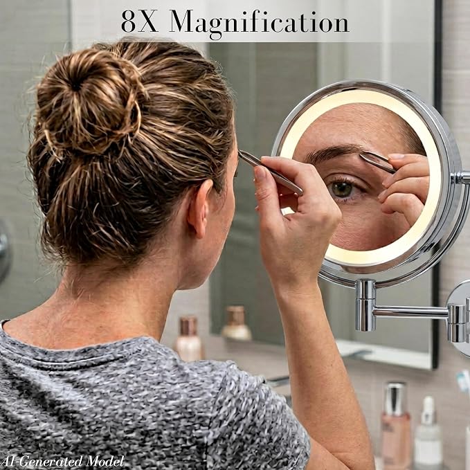 JERDON Hardwired Wall-Mount Makeup Mirror - 8X/1X - Chrome - HL88CLD | 8.5" Round Frame, 13.5" Wall Arm, LED Lighting, Direct Wire Installation