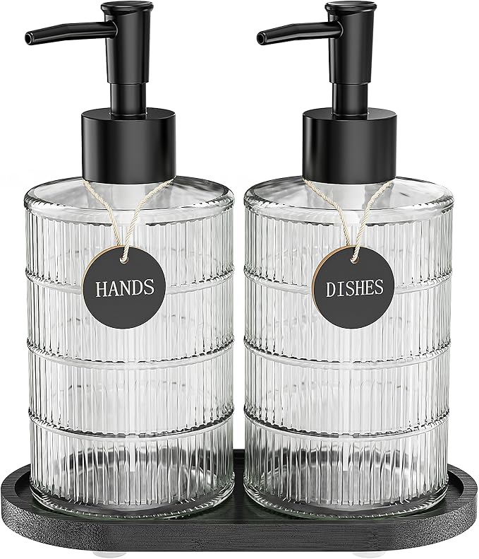 MASADI Soap Dispenser Set with Bamboo Tray, Dish and Hand Soap Lotion Dispenser Set with Wooden Pump for Kitchen and Bathroom Decor for Counter, Modern Vintage Liquid Soap Dispensers (Clear&Black)