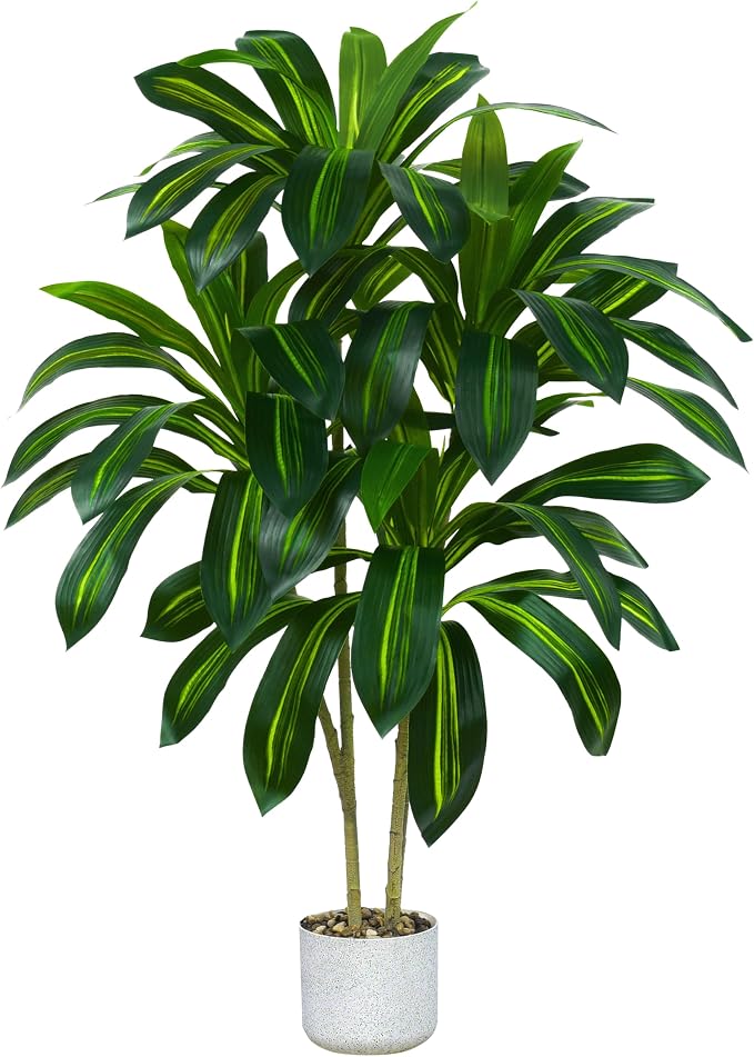 Artificial Dracaena Tree, 4FT Fake Indoor Plant with White Planter | Faux Silk Yucca Tree for Home Office Living Room Bedroom Farmhouse Modern Outdoor Topiary Tree