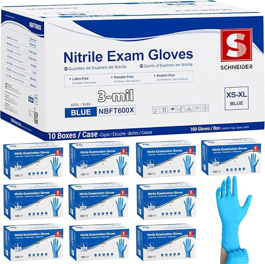 Schneider Medical Exam Glove, Gloves Disposable Latex Free, Powder Free | 3-Mil, Blue Nitrile Gloves, Food Safe Gloves, Cooking Gloves, Cleaning Gloves