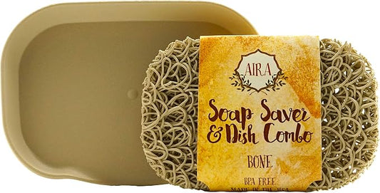 Aira Soap Saver - Soap Dish & Holder Accessory - USA Made, BPA Free - Drains Water, Circulates Air - Extends Soap Life - Fits All Dish Sets - Bone Dish Combo