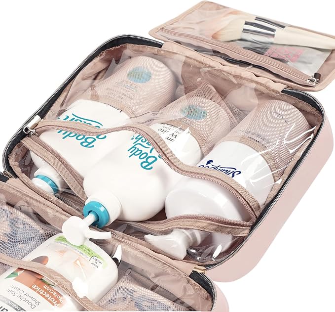 NISHEL Travel Toiletry Bag for women, Portable Hanging Organizer for Family-Sized Shampoo, Conditioner, Brushes Set, Makeup Accessories, Extra Large Size, Pink | for Travel-Sized Shampoo, Conditioner, Brushes Set, makeup Accessories, Extra Large Size, ...