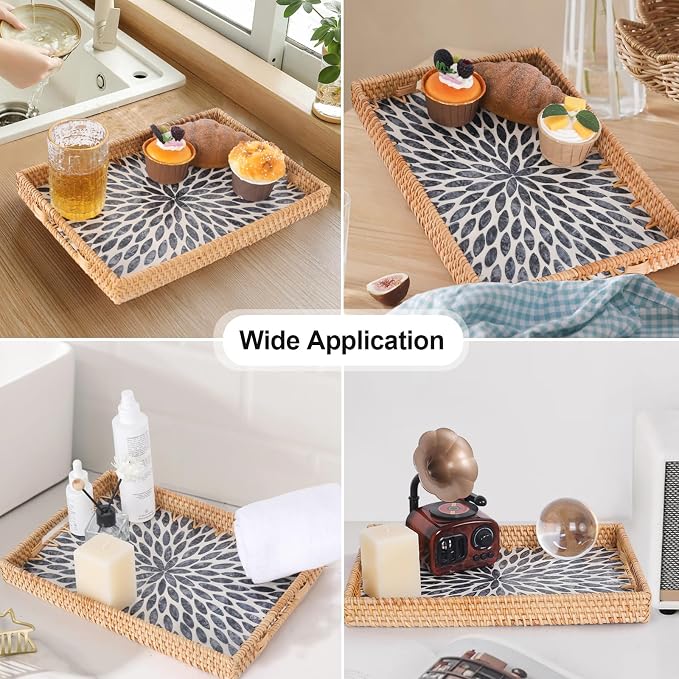 Rectangle Rattan Tray with Mother of Pearl Inlay, Rattan Serving Tray with Handle for Coffee, Bread, Fruits, Snacks, Decorative Wicker Tray for Table Decor (Rectangle Black Leaf, 13"×9")