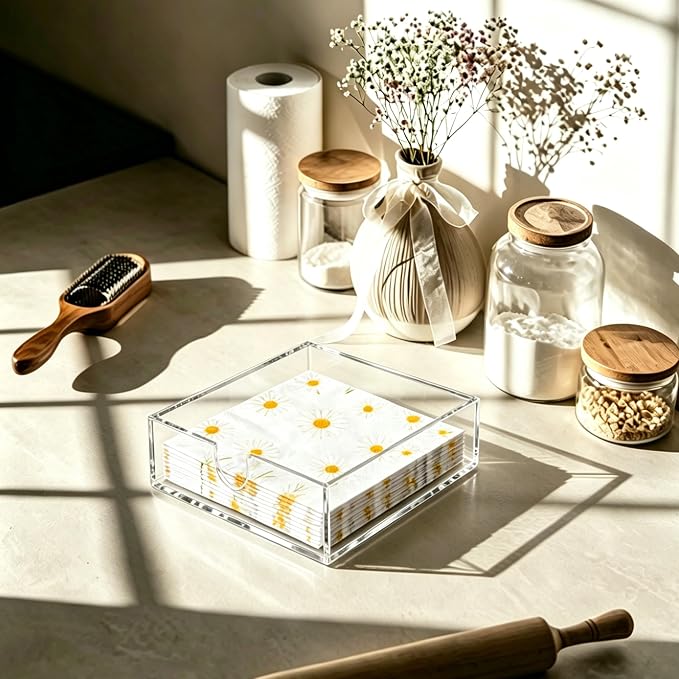 Bryantye Acrylic Napkin Holders, 7x7x2.36 Inch, Square, Transparent | Bathroom Napkin Tray, Napkin Dispenser for Kitchen, Tabletop,Guest Towel Tray for Paper Napkins & Hand Towel