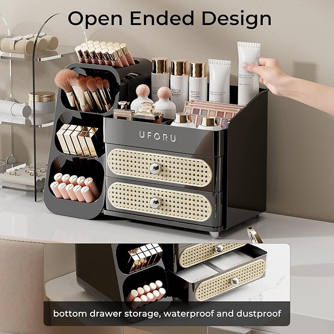UFORU Makeup Organizer Countertop with Brush Holder for Vanity Bathroom | Large Capacity, Thickened Plastic, 2 Rattan Drawers, Compact Size, Detachable Brush Holder, Divided Compartments, Easy Access