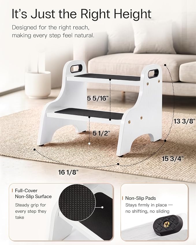 StrongTek Wooden 2 Step Stool, 350 lb Capacity, Non-Slip, White | Wide Non-Slip Surface, Portable Handles, Stable Support for Sink, Potty Training, Kitchen, Bathroom and Bedside