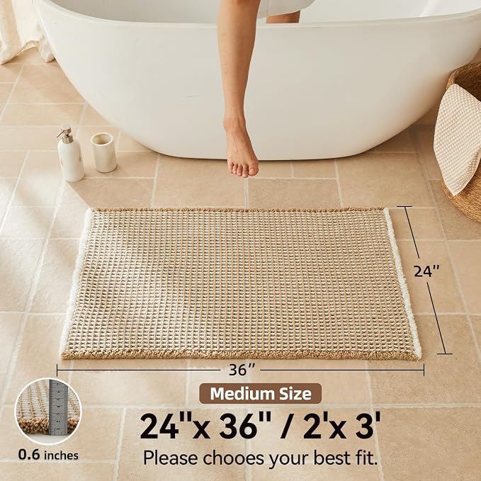 Triohero Waffle Bath Mat, Boho Bathroom Rugs Non Slip Washable, Ultra Soft Super Absorbent Quick Dry Farmhouse Bathroom Decor, 24" x 36", Khaki & White
