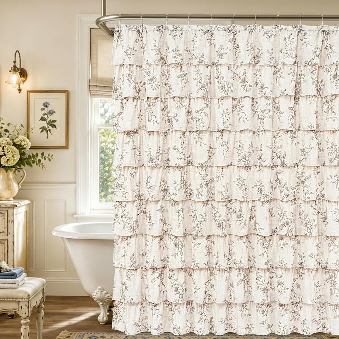 Yinhua Extra Long Farmhouse Ruffle Shower Curtain for Bathroom, 72" Wx90 L | Brown Floral Print, Ruflle Design, 12 Metal Hooks, Vintage Rustic Washable Waterproof Shower Curtain for Bathroom Bathtub
