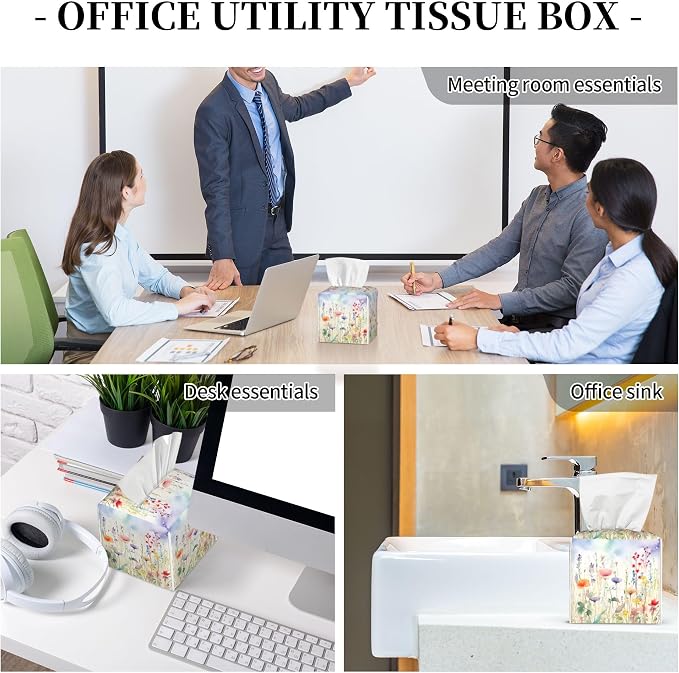 Watercolor Flower Tissue Box Cover Square,Colorful Flowers Tissue Box Holder Waterproof Leather Facial Paper Organizer Dispenser for Bathroom Home Car Nightstand Vanity Desk