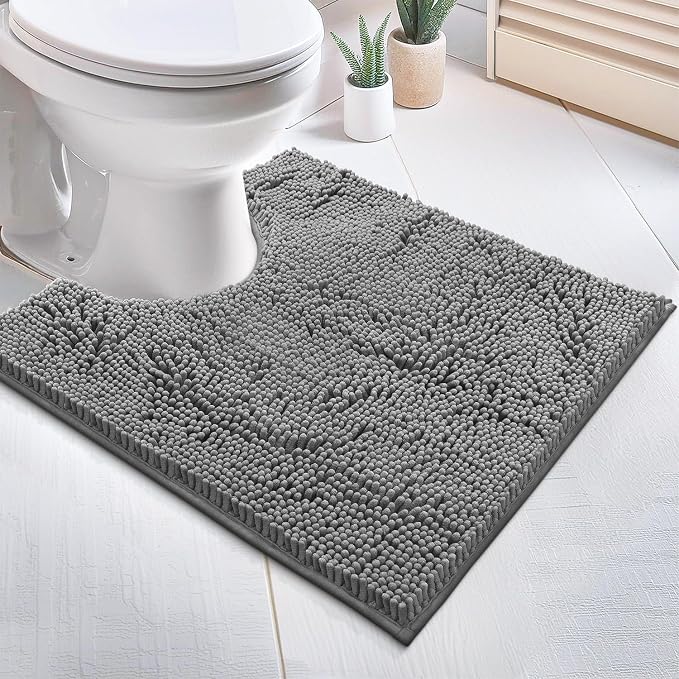 LuxUrux Light Grey Bath Mat - U-Shaped Contoured Rug for Around Toilet, Super Absorbent Shaggy Bath Rug. Easy Machine Wash & Dry (20 x 23, Light Grey)
