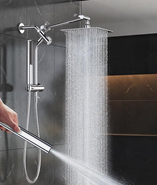 Veken All Metal 8" Luxurious Rain Shower Head with Handheld,High Pressure | Dual Shower Heads Spray,Power Wash Wand,Detachable Showerhead Combo,Small Square Adjustable Rainfall ,Spa-like,Chrome,Silver