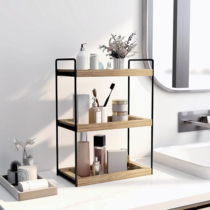 Dorhors Bathroom Counter Organizer,Countertop Tray Storage Shelf | 3 Tier Rustic Brown Wood Vanity Organizer for Skincare,Perfume,Makeup,Counter Tray for Bathroom,Kitche,Dresser