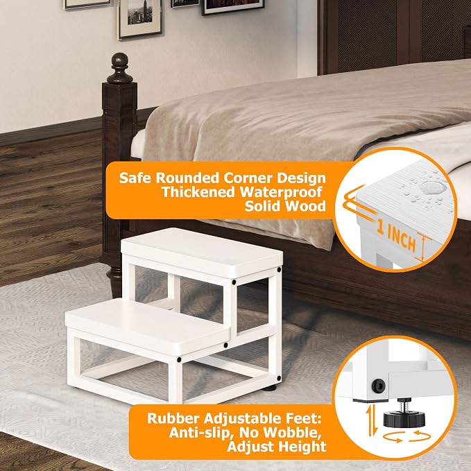 Step Stools for Adults Kids, Heavy Duty Stepping Stool Wooden Bed Step Stools for High Beds, Non-Slip 2 Bedside Foot Stool with 500 Lb Capacity for Bedroom Kitchen Bathroom Outside,Easy Assembly,White