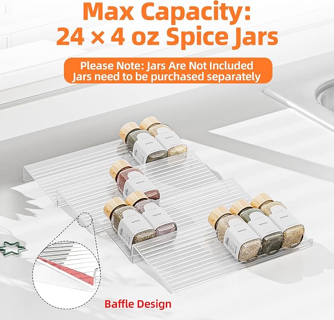 MUDEELA Clear Spice Drawer Organizer, 4 Tier (4 Packs) Spice Rack for Drawer, Expandable From 11" to 22" Kitchen Seasoning Organizers and Storage for Drawer (Jars not included)