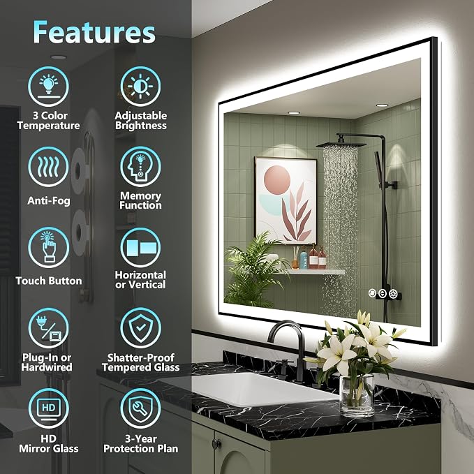 40x36 Black LED Bathroom Mirror, Backlit & Front Lit Lighted Mirror | Metal Framed Anti-Fog Vanity Mirror with Lights, 3 Color Dimmable, Memory, Tempered Glass, CRI95, IP54, Horizontal/Vertical