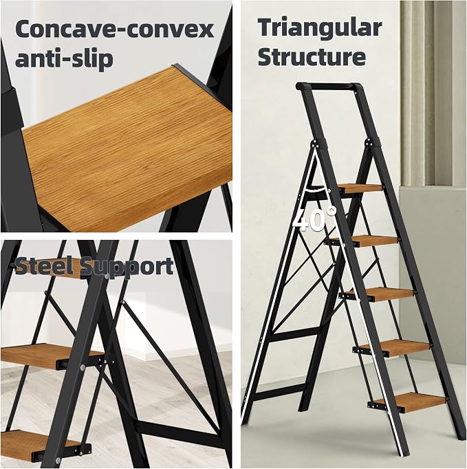 HillhutApex Aluminum 5 Step Ladder, Step Stool Foldable(Black Woodgrain) | Anti-Slip Pedals,330lbs Capacity,Lightweight Folding Ladders for Home,Office,Libaray