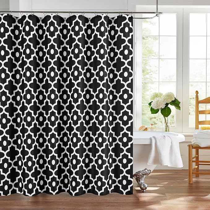 Biscaynebay Extra Long Textured Fabric Shower Curtains 72" W x 84" L, Black Morocco Pearl Printed Hotel Spa Luxury Decorative Bathroom Curtain Machine Washable