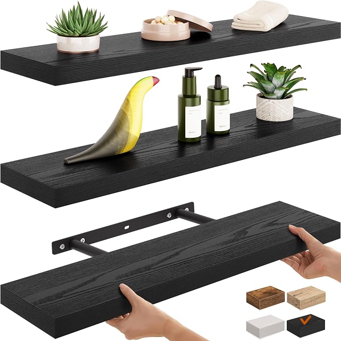 Ballucci Floating Shelf, 3-Pack 24" Black Floating Shelves for Wall, Wood Wall Shelf for Home Décor, Floating Shelves for Bathroom, Living Room, Bedroom, 6" Deep Wall Shelves
