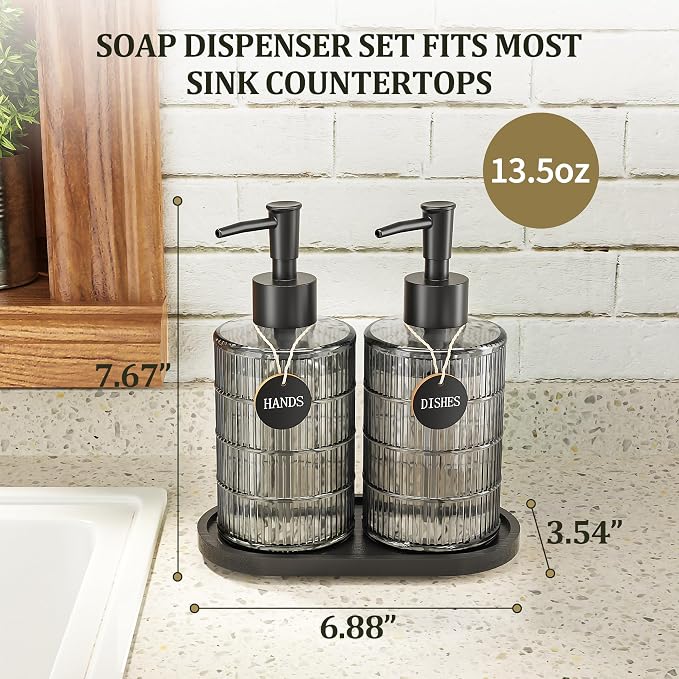 MASADI Soap Dispenser Set with Bamboo Tray, Dish and Hand Soap Lotion Dispenser Set with Wooden Pump for Kitchen and Bathroom Decor for Counter, Modern Vintage Liquid Soap Dispensers (Grey&Black)