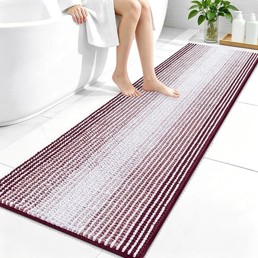 OLANLY Bathroom Runner Rugs 59x20, Chenille Striped Bath Rugs, Burgundy | Extra Soft Absorbent, Rubber Backing, Machine Wash Dry, Bath Mats for Bathroom Floor, Tub and Shower, Home Decor Accessories