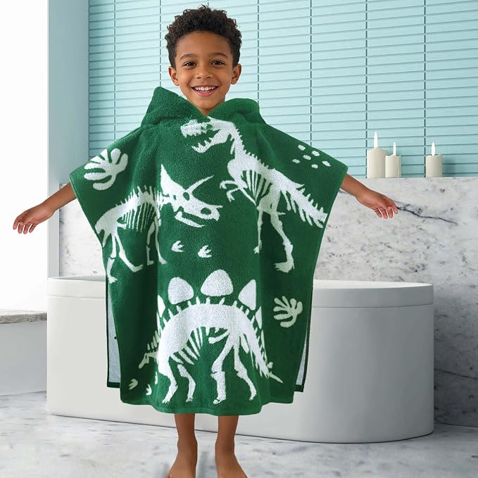 VOOVA & MOVAS Kids Poncho Towel, 4-8 Years, 100% Cotton, Dino | 28"x28" Roomy Size, Cartoon Dino Jacquard Print, Soft, Absorbent & Quick Dry for Daily Swimming