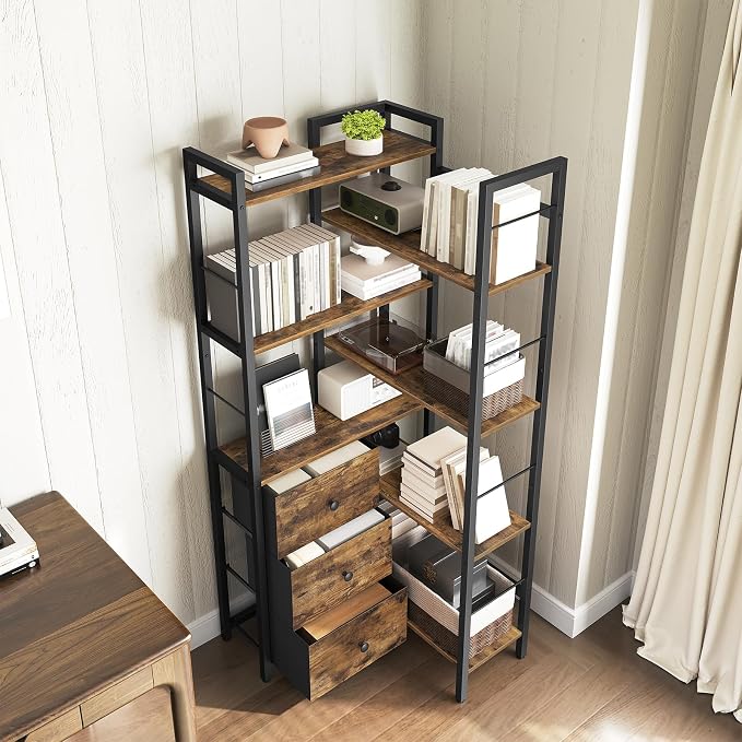 Corner Bookshelf, 7 Tier L-Shaped Bookcase with 3 Drawers, Storage Corner Shelf, Freestanding Tall Display Shelf, Industrial Style, for Living Room, Home Office, Rustic Brown and Black SJ10BR