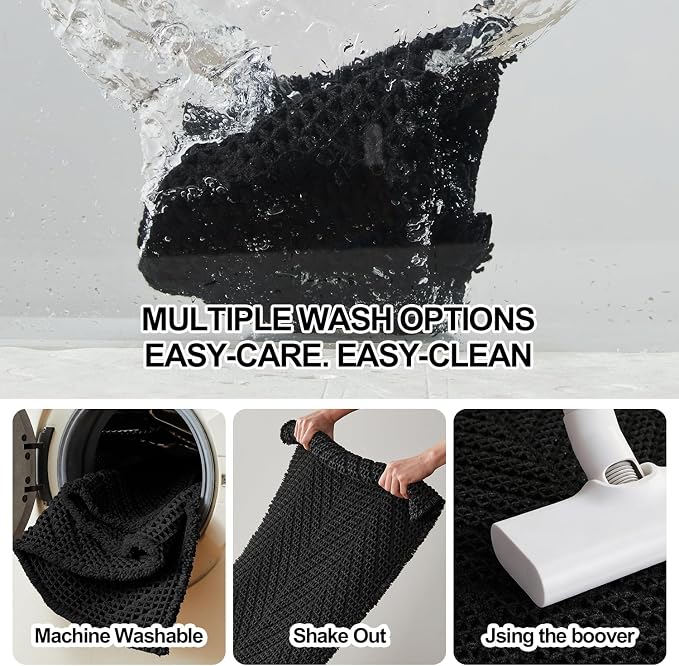 Sunfly Black Bathroom Rug, Waffle Bath Mat Non-Slip Washable Super Absorbent Quick Dry, Boho Farmhouse Bathroom Decor 24"x48" Black