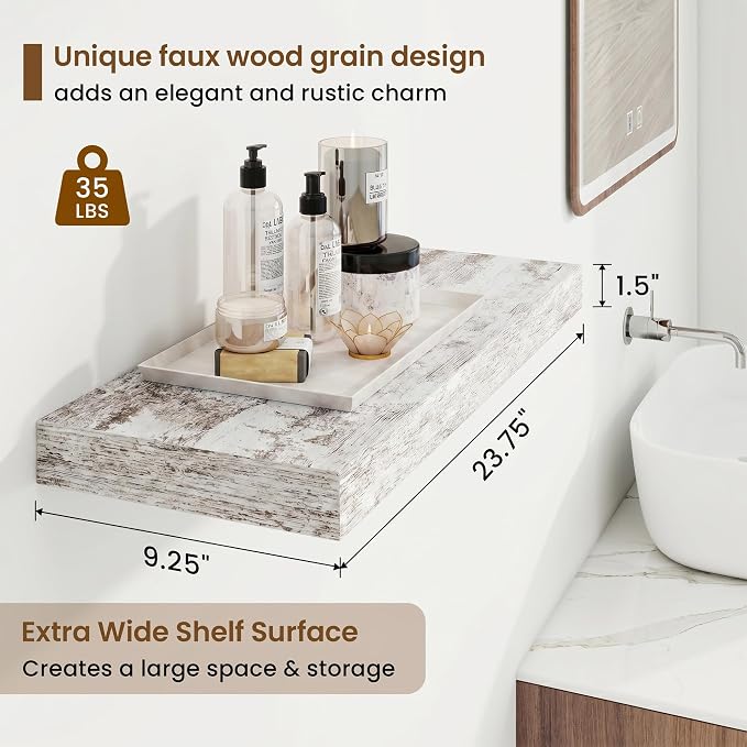 9.25in Depth 24in Floating Shelves, 24x9.25x1.4, Vintage White, Set of 2 | Wall Mounted Engineered Wood Shelves, Invisible Brackets for Living Room, Bedroom, Bathroom, Kitchen Decor and Storage