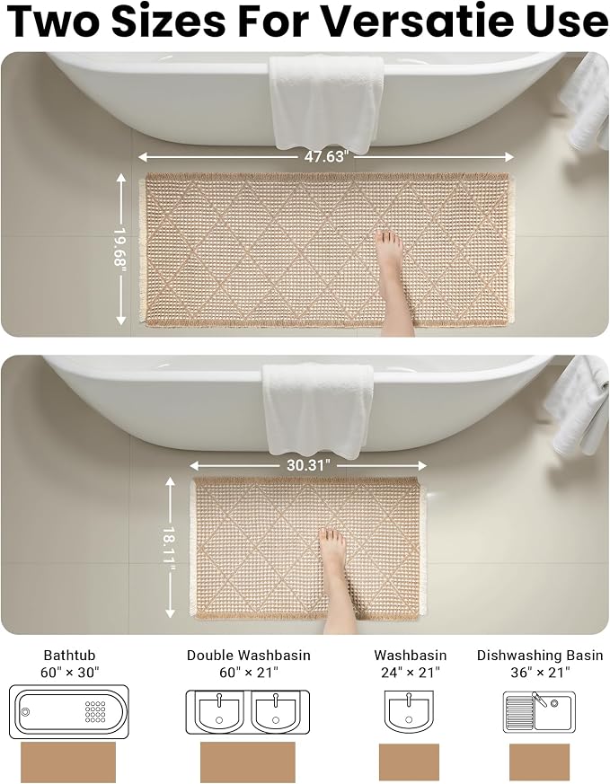 Furicher Waffle Bath Mat Set, Non Slip Bathroom Rugs 2 Piece, Brown & White | Ultra Absorbent Long Bath Rug Runner for Bathroom Boho Chic Decor, Machine Washable Floor Mats, 20"×47" Plus 18"×30"
