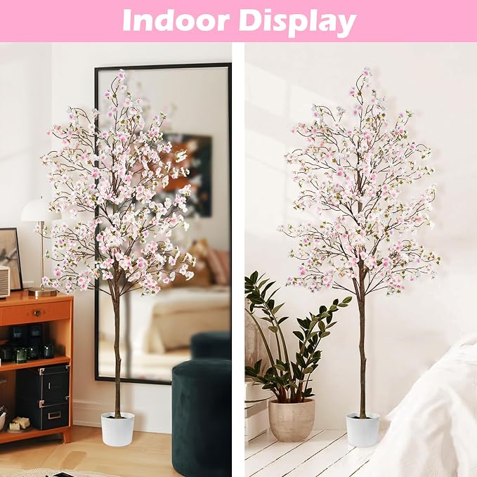 Caxchiling Artificial Pink Cherry Blossom Tree 6FT, Faux Tree Indoor | Realistic Blossoms with Elegant White Planter, Perfect for Home Office Wedding Party Hotel Entryway Spring Decoration