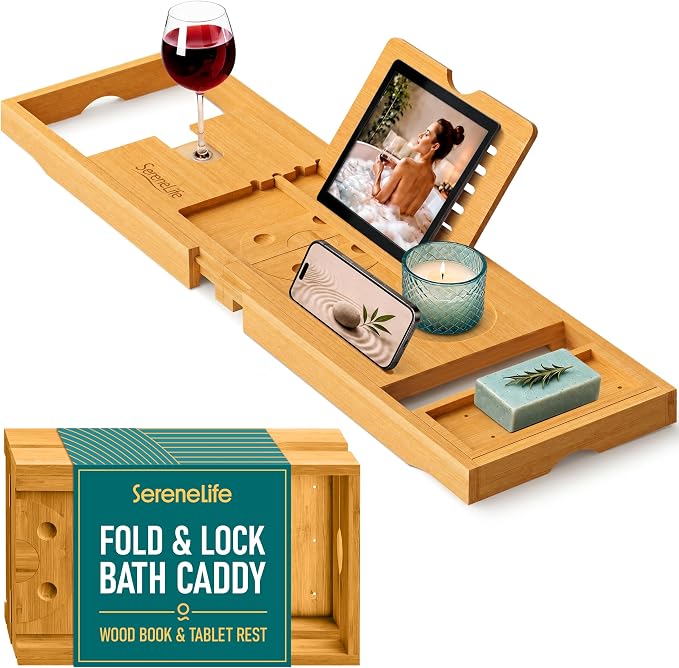SereneLife 2 in 1 Bed and Bath Tray - Foldable Bamboo Bathtub Caddy with Adjustable Length, Non-Slip, Device Holder, Wine Glass Slot, Expandable for Comfortable Bathing, Natural, Folding Set