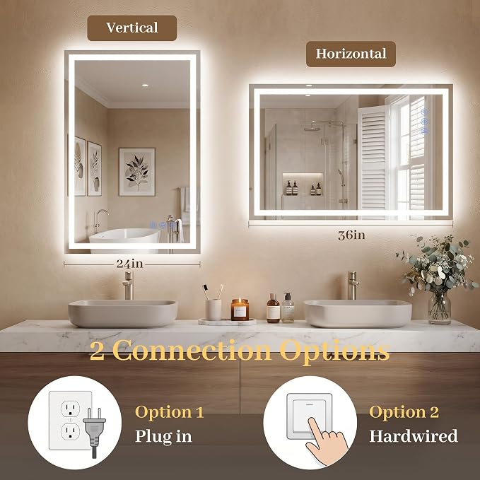 LED Bathroom Mirror with Lights 24"x36", Wall-Mounted Vanity Mirrors Front & Backlit Separate Light Control Stepless Dimmable Anti-Fog Memory 3 Color Temperatures Shatter-Proof Tempered Glass