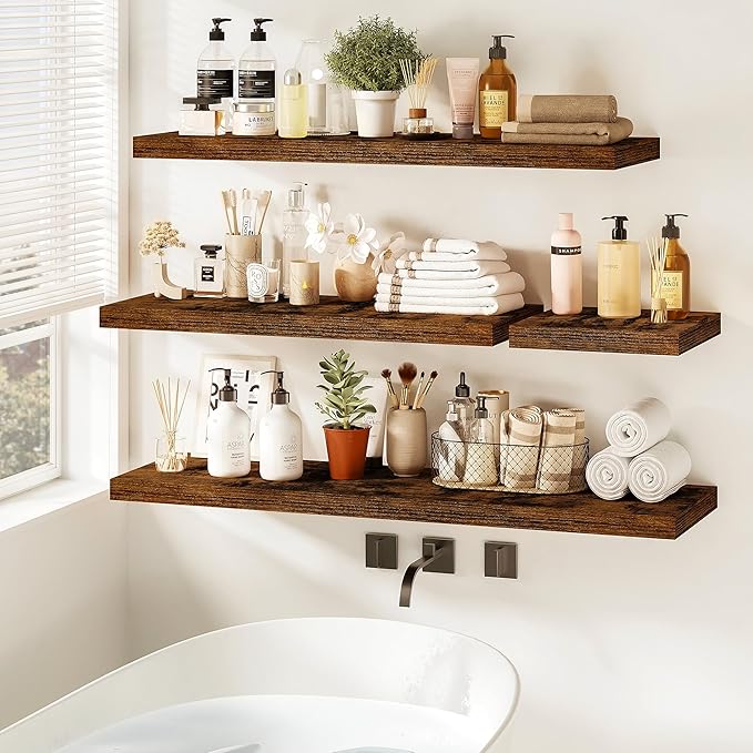 Vivelove Floating Shelves 9 inch Deep 36”Long Set of 2, Rustic Brown | Easy Install With Hardware, 1.5" Thick, Invisible Brackets, Wall Mounted, No Sagging, For Any Room