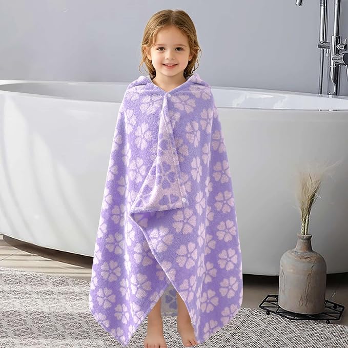 VOOVA & MOVAS Kids Hooded Towel, 3-6 Years, 100% Cotton, Purple Floral | Floral Jacquard Pattern, Quick Drying Texture, Strong Water Absorption, Suitable for Bath, Pool, Swim and Beach Trips